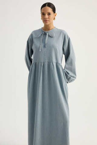 Yakadan Bağlamalı Denim Elbise Buz Mavisi - 5