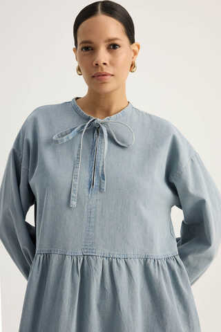 Yakadan Bağlamalı Denim Elbise Buz Mavisi - 7
