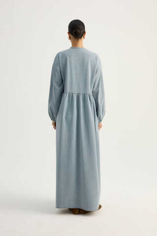 Yakadan Bağlamalı Denim Elbise Buz Mavisi - 11