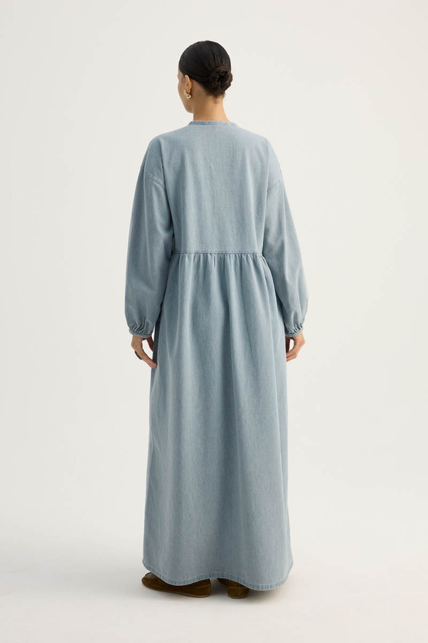 Yakadan Bağlamalı Denim Elbise Buz Mavisi - 12