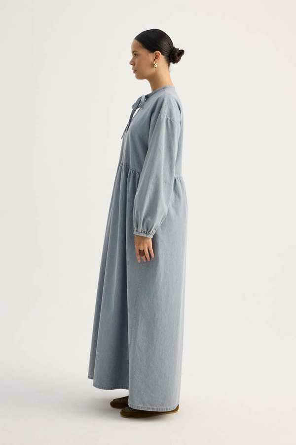 Yakadan Bağlamalı Denim Elbise Buz Mavisi - 8