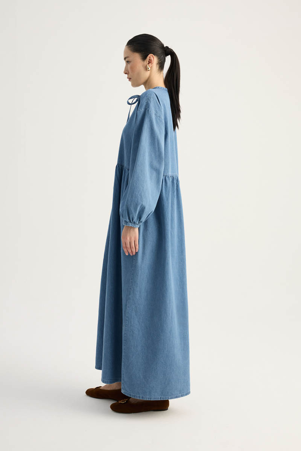 Yakadan Bağlamalı Denim Elbise Mavi - 7
