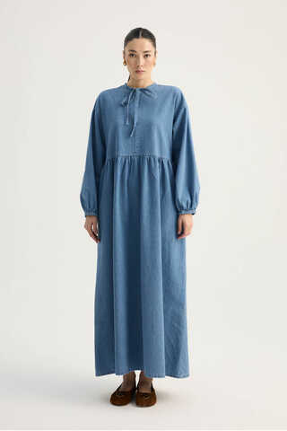 Yakadan Bağlamalı Denim Elbise Mavi - 1