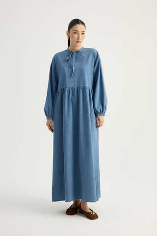 Yakadan Bağlamalı Denim Elbise Mavi - 2