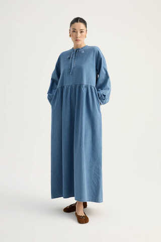 Yakadan Bağlamalı Denim Elbise Mavi - 4