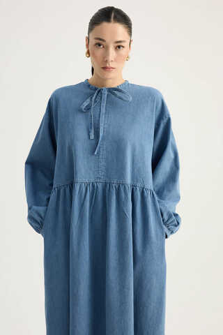 Yakadan Bağlamalı Denim Elbise Mavi - 5