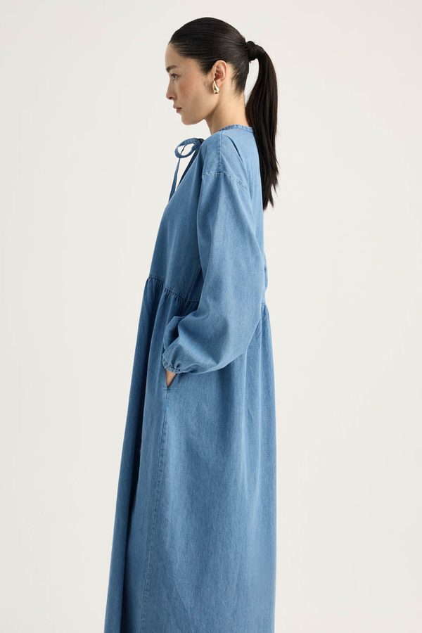 Yakadan Bağlamalı Denim Elbise Mavi - 6