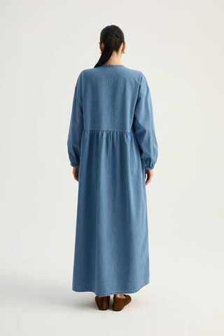 Yakadan Bağlamalı Denim Elbise Mavi - 9