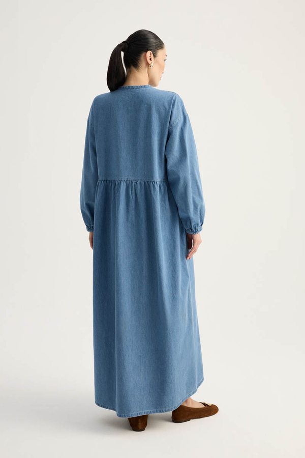 Yakadan Bağlamalı Denim Elbise Mavi - 10