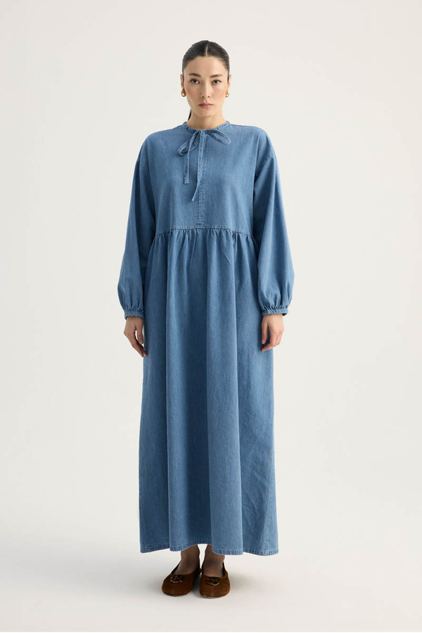 Yakadan Bağlamalı Denim Elbise Mavi - 1