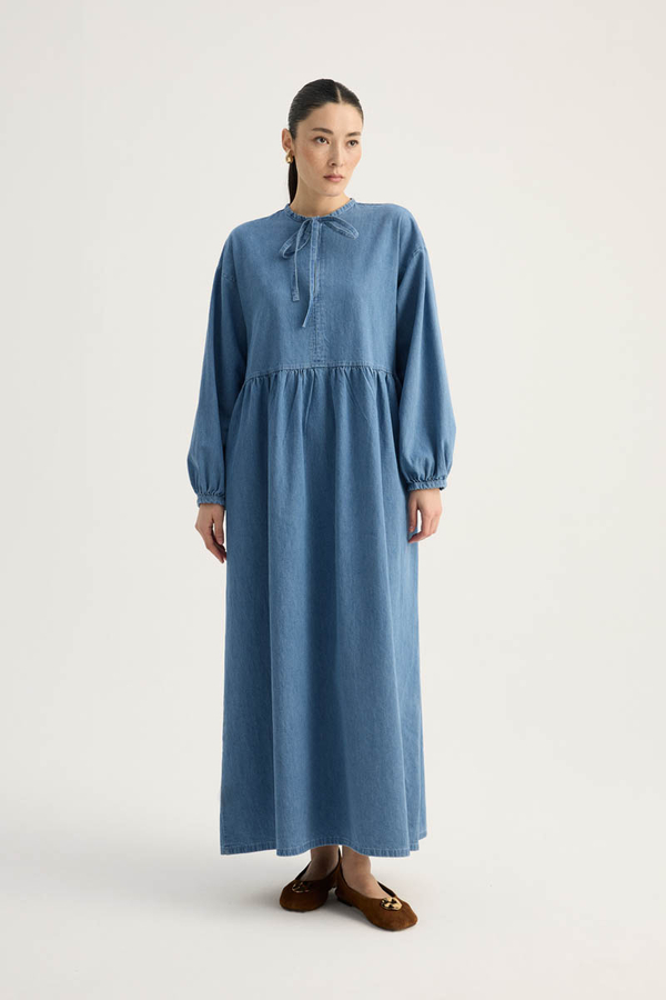 Yakadan Bağlamalı Denim Elbise Mavi - 2