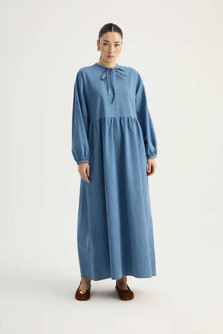 Yakadan Bağlamalı Denim Elbise Mavi - 3