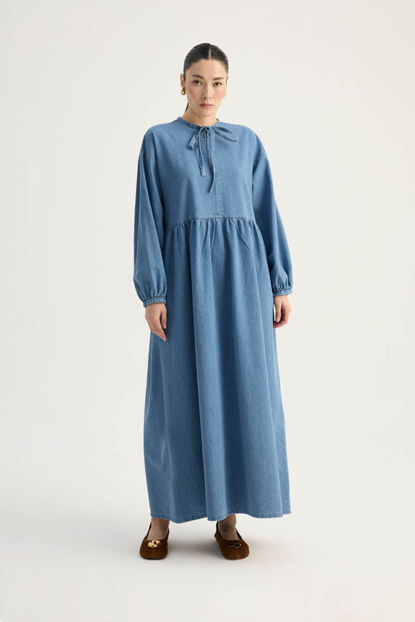 Yakadan Bağlamalı Denim Elbise Mavi - 3