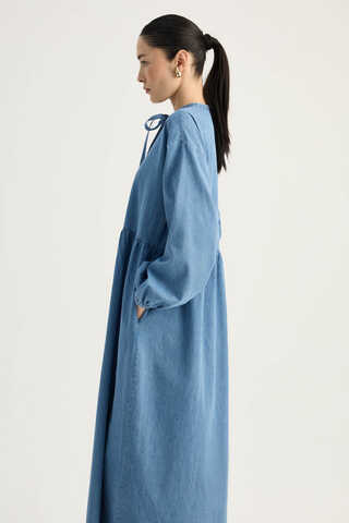 Yakadan Bağlamalı Denim Elbise Mavi - 6