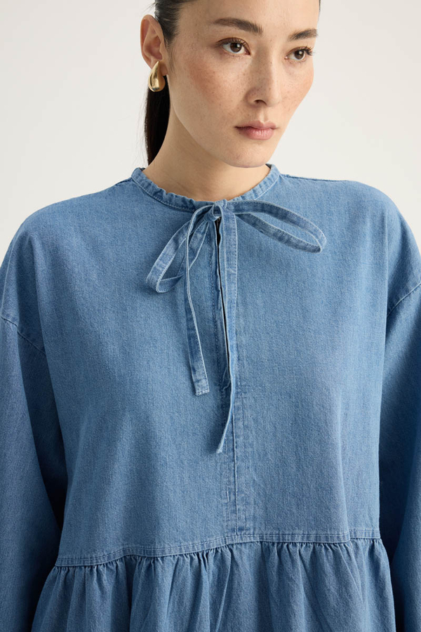 Yakadan Bağlamalı Denim Elbise Mavi - 8