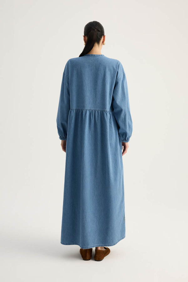 Yakadan Bağlamalı Denim Elbise Mavi - 9