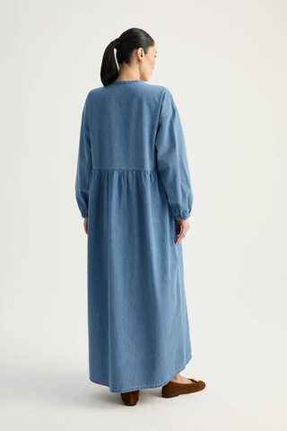Yakadan Bağlamalı Denim Elbise Mavi - 10