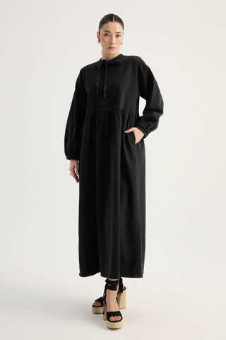 Yakadan Bağlamalı Denim Elbise Siyah - 6