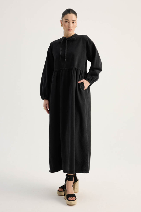 Yakadan Bağlamalı Denim Elbise Siyah - 6
