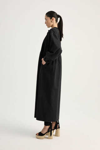 Yakadan Bağlamalı Denim Elbise Siyah - 11