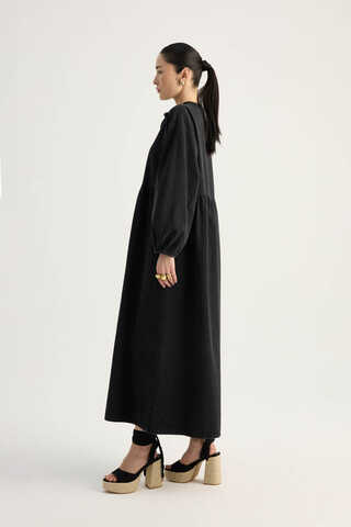 Yakadan Bağlamalı Denim Elbise Siyah - 13