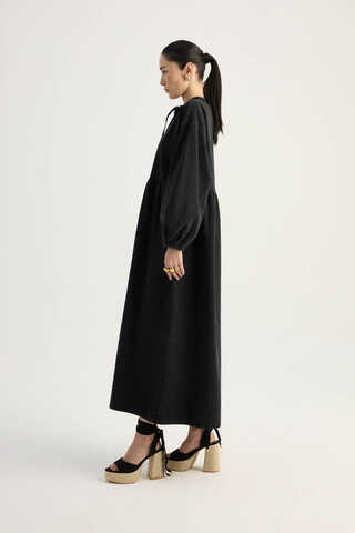 Yakadan Bağlamalı Denim Elbise Siyah - 14