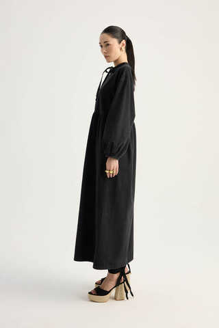 Yakadan Bağlamalı Denim Elbise Siyah - 15