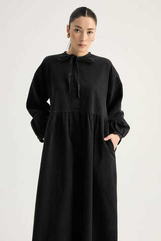 Yakadan Bağlamalı Denim Elbise Siyah - 3