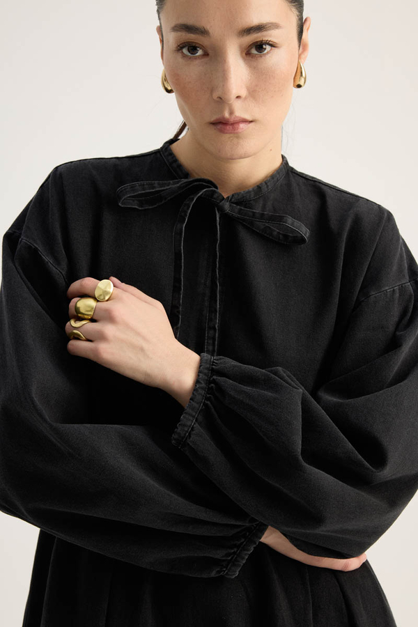 Yakadan Bağlamalı Denim Elbise Siyah - 17