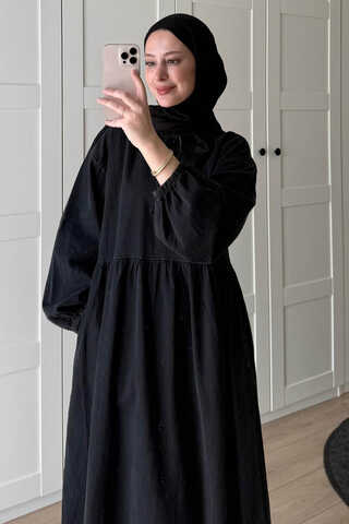 Yakadan Bağlamalı Denim Elbise Siyah - 2