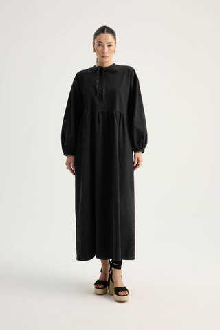 Yakadan Bağlamalı Denim Elbise Siyah - 1