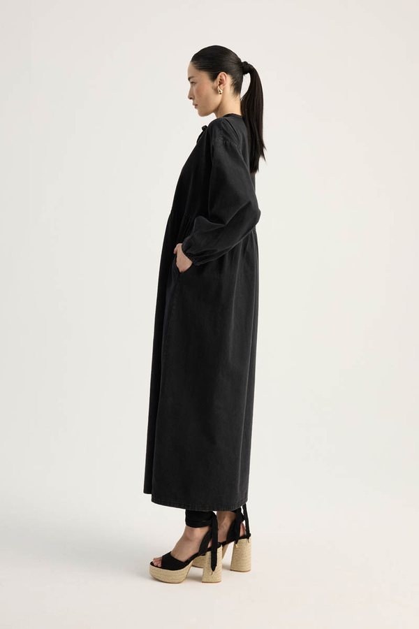 Yakadan Bağlamalı Denim Elbise Siyah - 11