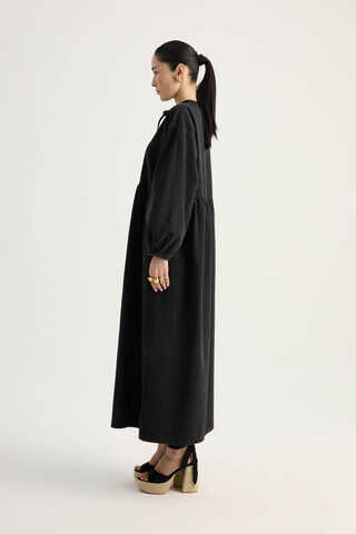 Yakadan Bağlamalı Denim Elbise Siyah - 12