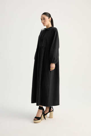 Yakadan Bağlamalı Denim Elbise Siyah - 16