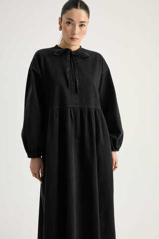 Yakadan Bağlamalı Denim Elbise Siyah - 7