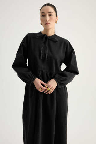 Yakadan Bağlamalı Denim Elbise Siyah - 10