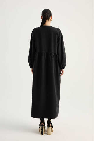 Yakadan Bağlamalı Denim Elbise Siyah - 18