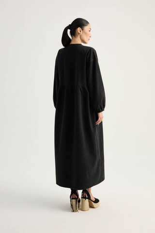 Yakadan Bağlamalı Denim Elbise Siyah - 19