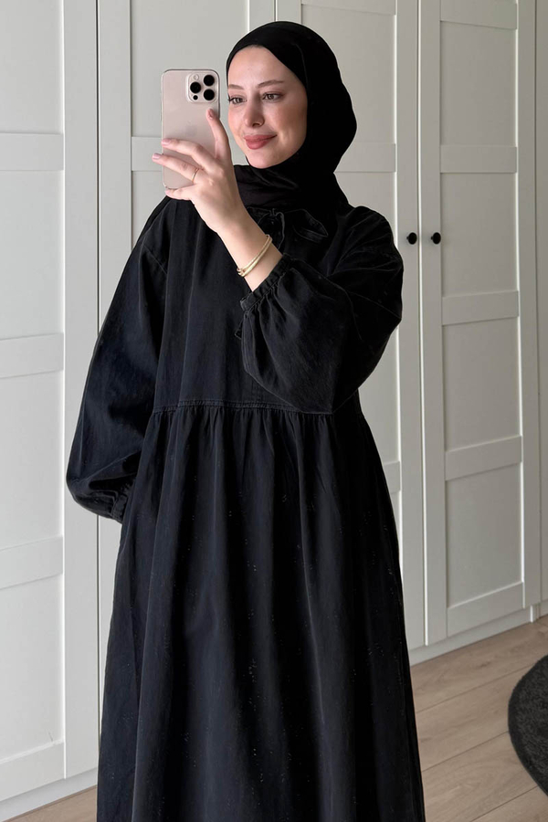 Yakadan Bağlamalı Denim Elbise Siyah - 2