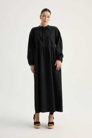 Yakadan Bağlamalı Denim Elbise Siyah - 4