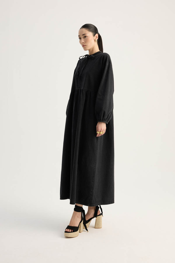 Yakadan Bağlamalı Denim Elbise Siyah - 16