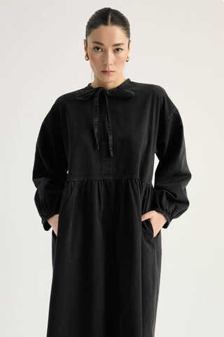 Yakadan Bağlamalı Denim Elbise Siyah - 5