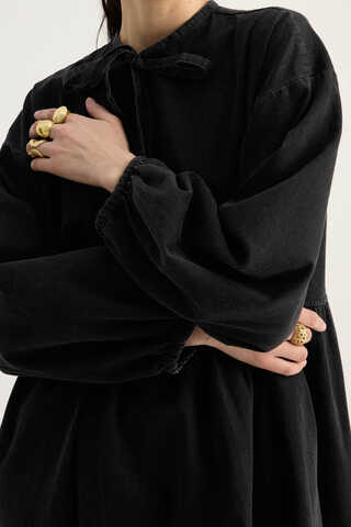 Yakadan Bağlamalı Denim Elbise Siyah - 8