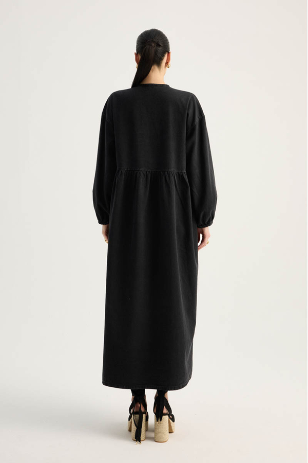 Yakadan Bağlamalı Denim Elbise Siyah - 18