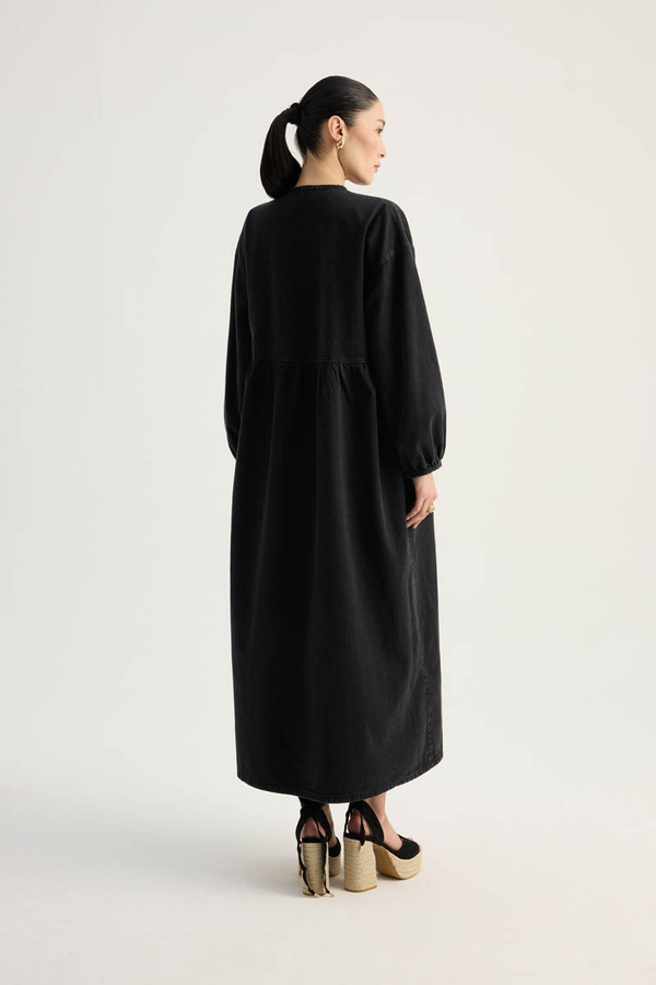 Yakadan Bağlamalı Denim Elbise Siyah - 19