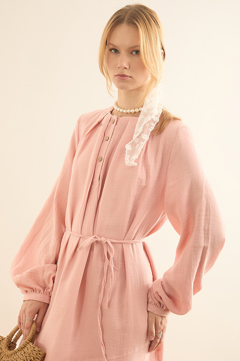 Yakadan Pileli Müslin Elbise Pudra - 2