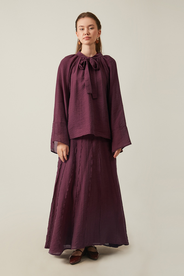 Yakası Bağcıklı Etek Takım Bordo - 2