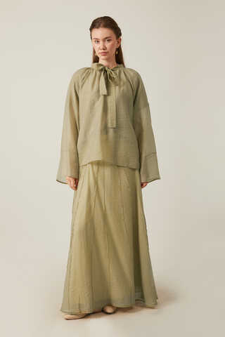 Yakası Bağcıklı Etek Takım Yağ Yeşili - 3