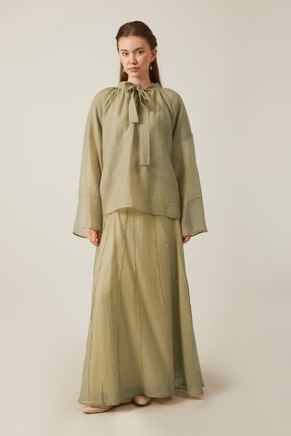 Yakası Bağcıklı Etek Takım Yağ Yeşili - 3