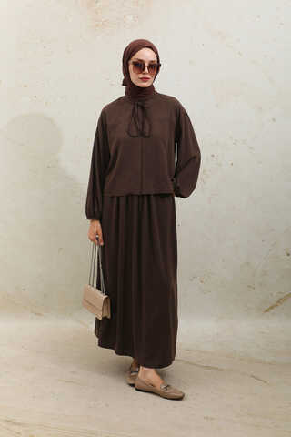 Yakası Bağcıklı Gömlek Etek Takım Acı Kahve - 7